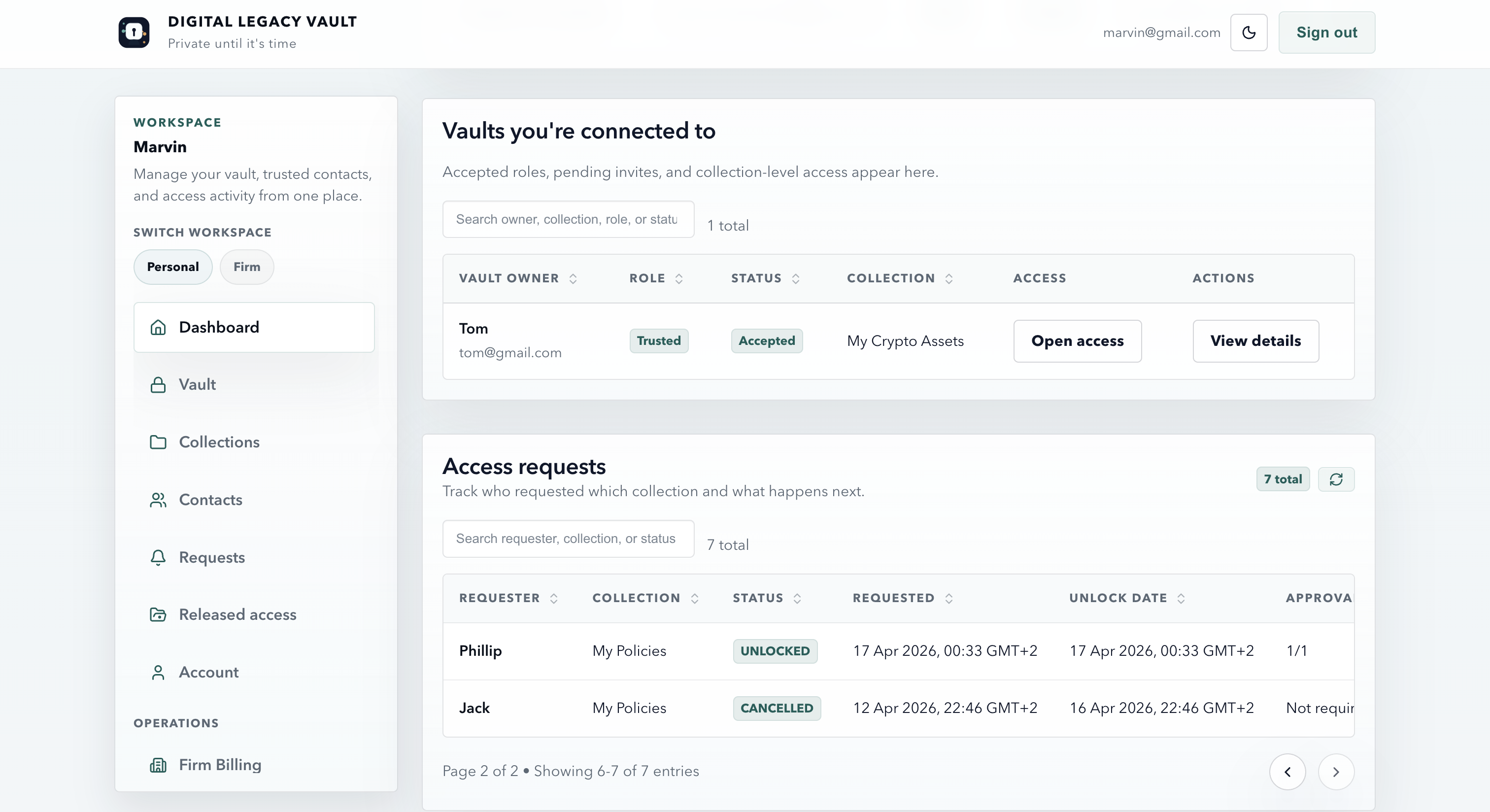 Owner dashboard showing connected vaults and searchable access requests.