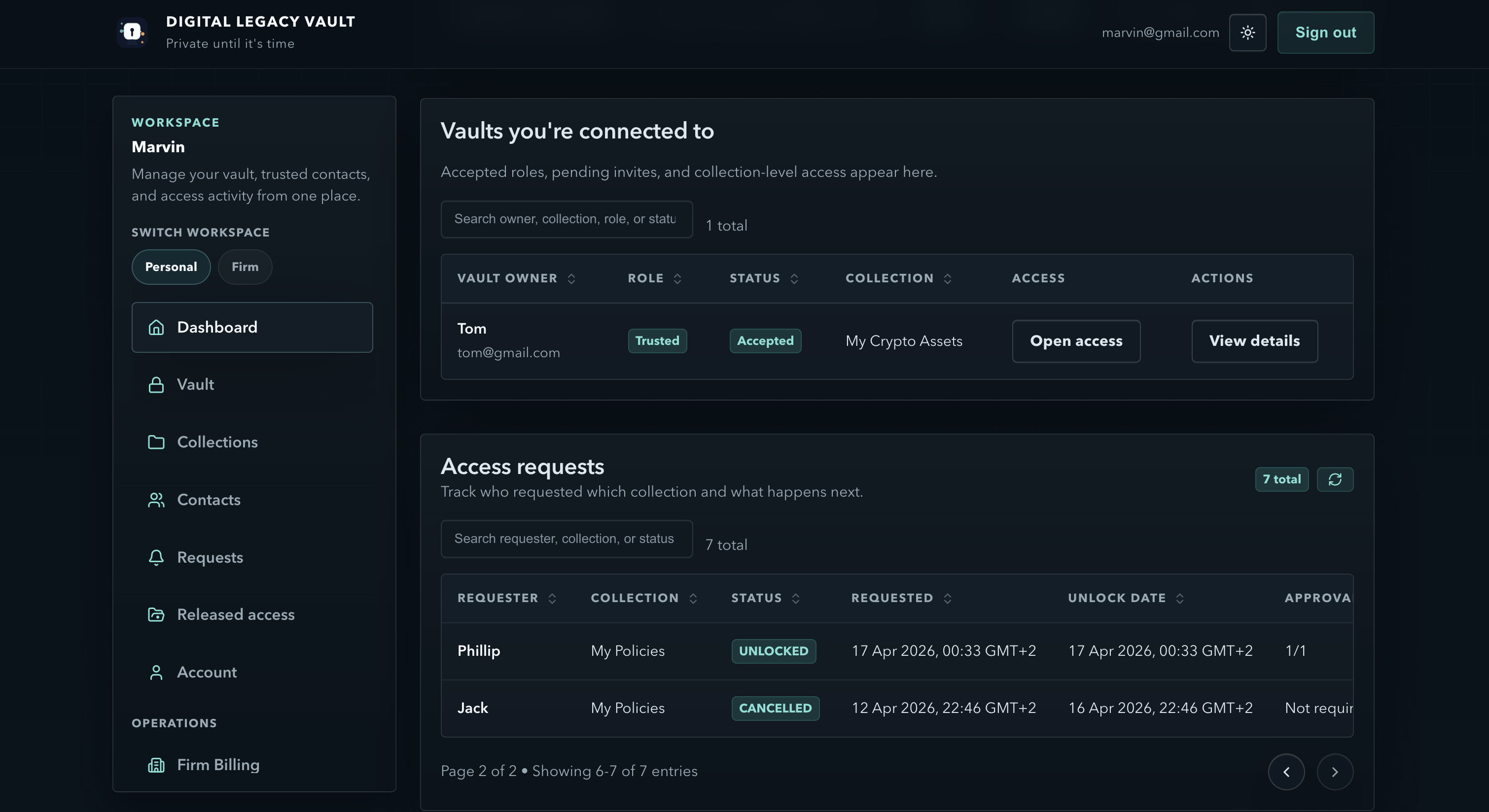 Owner dashboard showing connected vaults and searchable access requests.